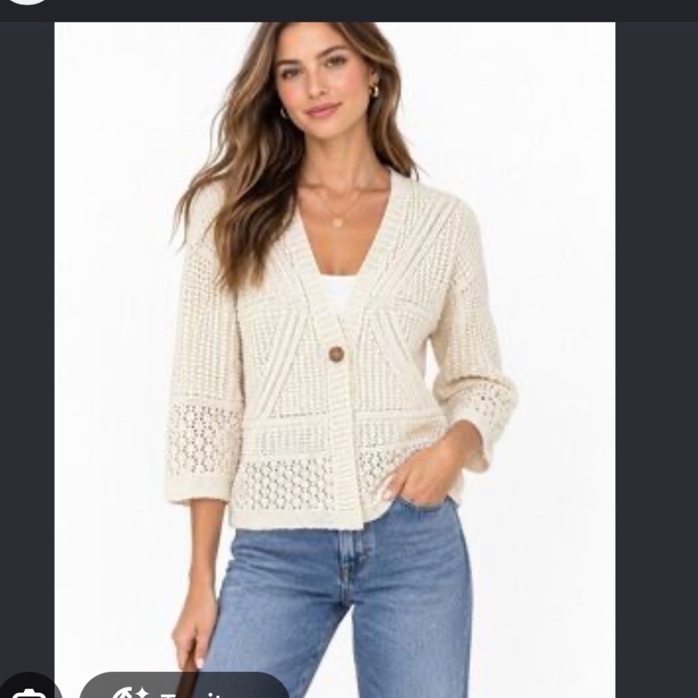 J. Jill Womens XL Cream Mixed Stitch Cardigan 3/4 Sleeve Single Button Sweater